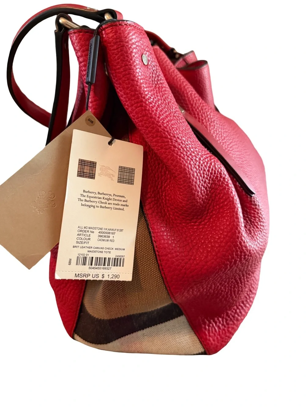 Burberry Red Pebbled Leather Shoulder Bag with Check Canvas Panel